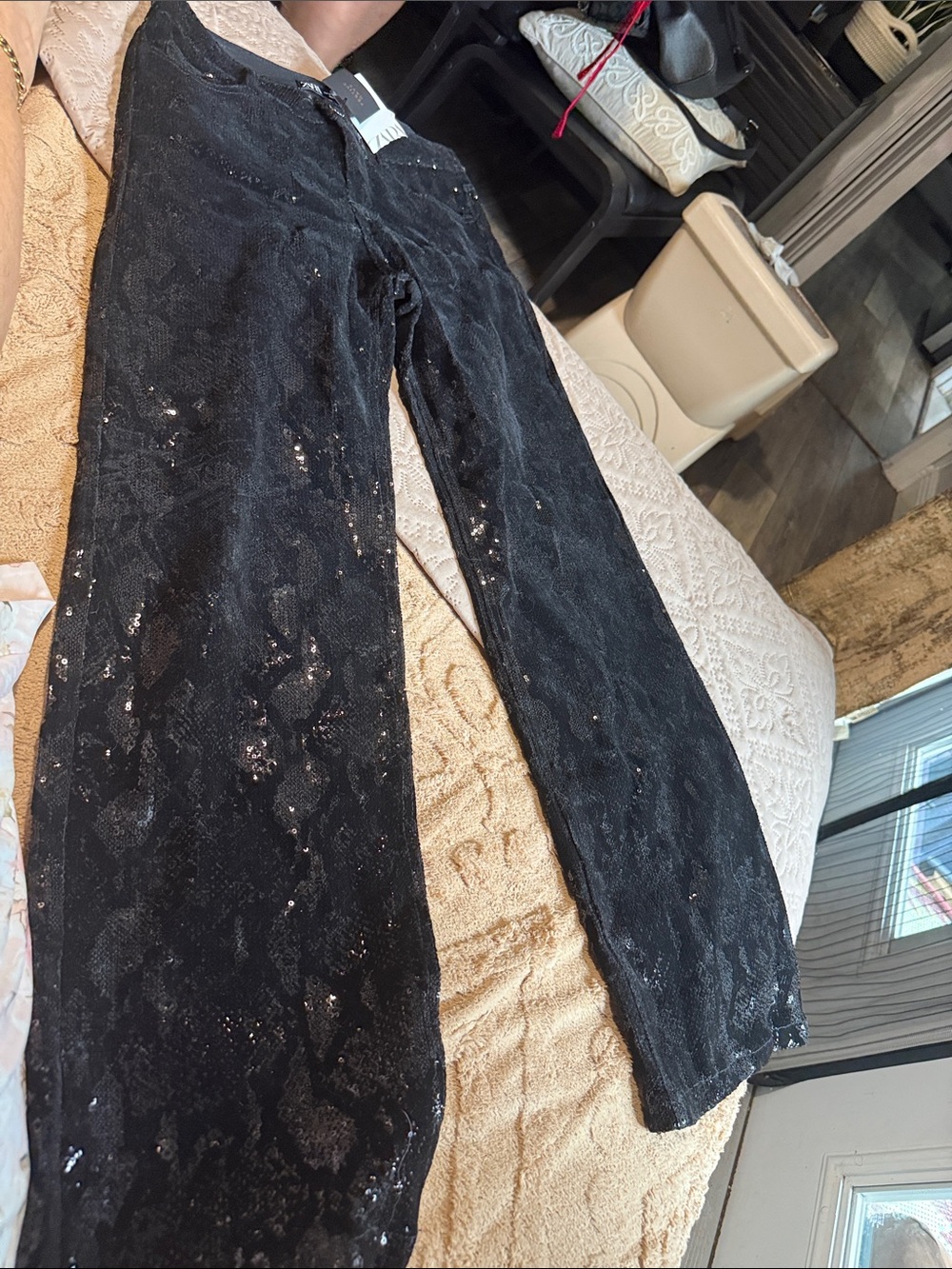 Zara Black Sequin Wide-Leg Jeans